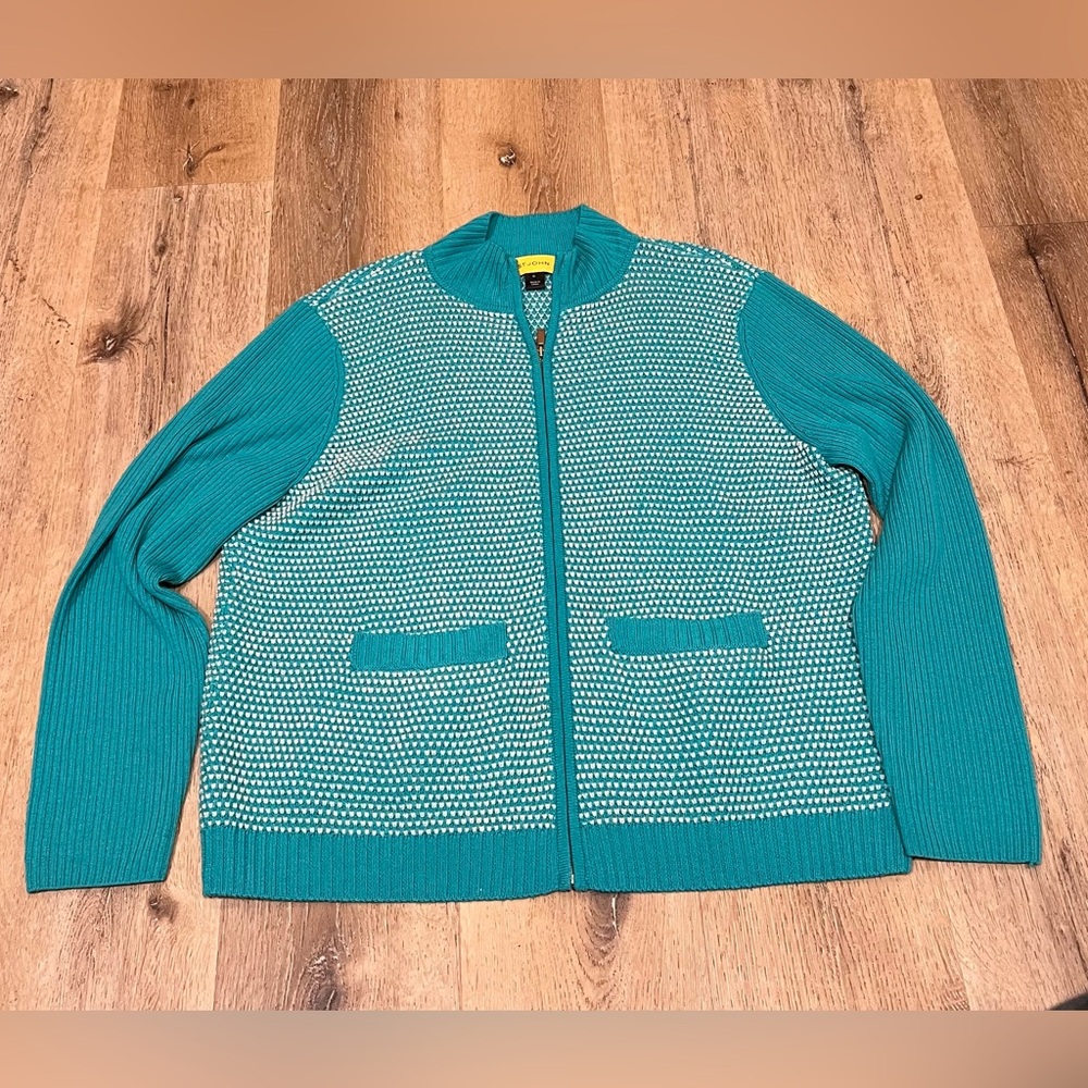 St. John Sport 100% Wool Teal and White Knit Zip-Up Sweater
